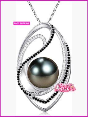 Tahitian Black Pearl Pendant Necklace 18K Gold Plated Sterling Silver